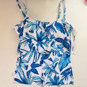 Blue Tropical-Print Ruffle Swim Cami Swim Top Bahama Palm 6